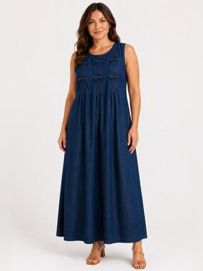 Vintage Denim Maxi Dress 100% Cotton Pintuck Embroidered Boho Cottagecore 14
